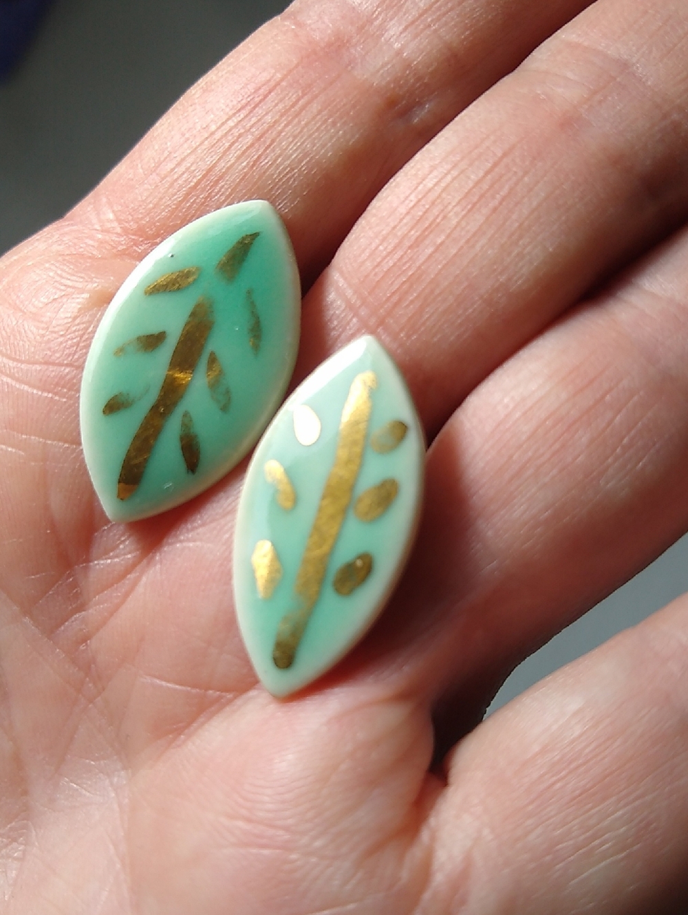 Thin Lightweight Mint Green Gold Accent Leaf Stud Earrings - Women Jewelry
